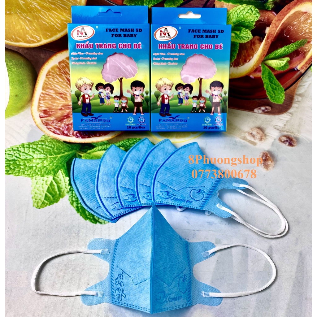 Khẩu trang FAMAPRO 5D BABY TRƠN cho bé 3 lớp kháng khuẩn 10 cái / Hộp Trắng / Xanh / Hồng