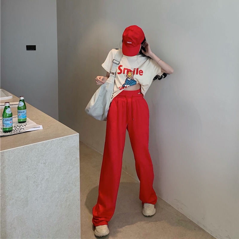 Set Áo Thun Tay Ngắn In Họa Tiết + Quần Ống Rộng Năng Động Hợp Thời Trang