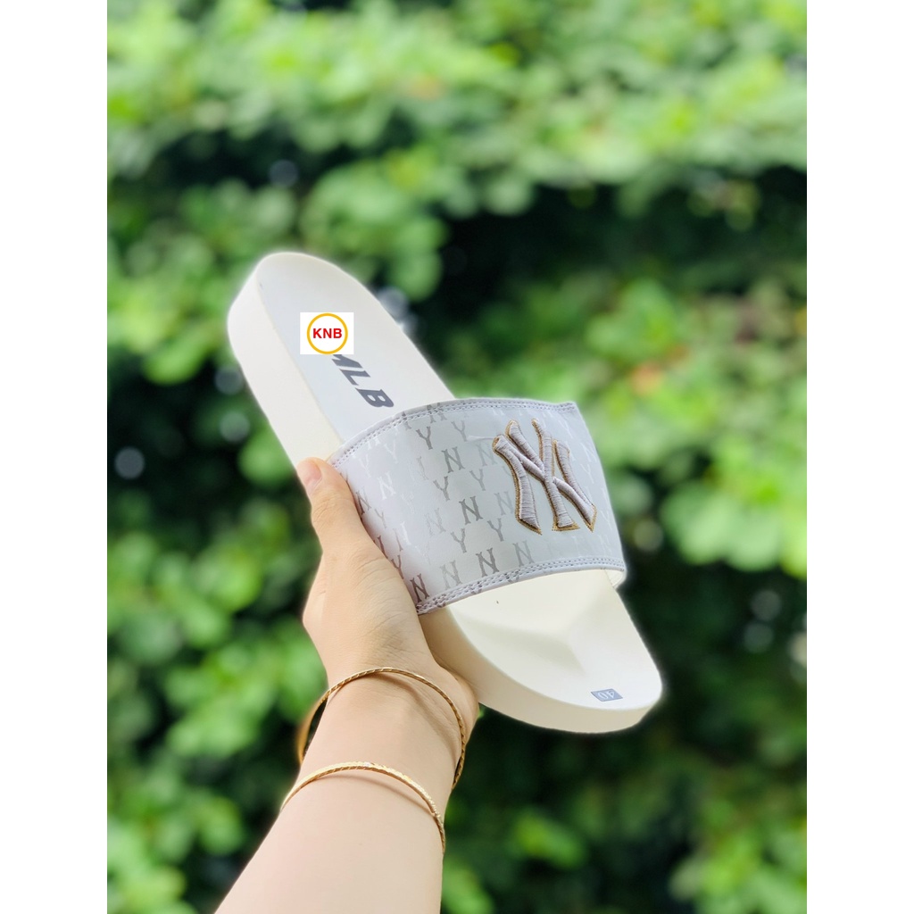 Dép 𝐌𝐋𝐁 UNISEX mẫu dép thể thao ❤️ Freeship + Hộp ❤️ Dép NY bóng chày quai ngang nam nữ chữ thêu nỗi kèm mác trắng xám