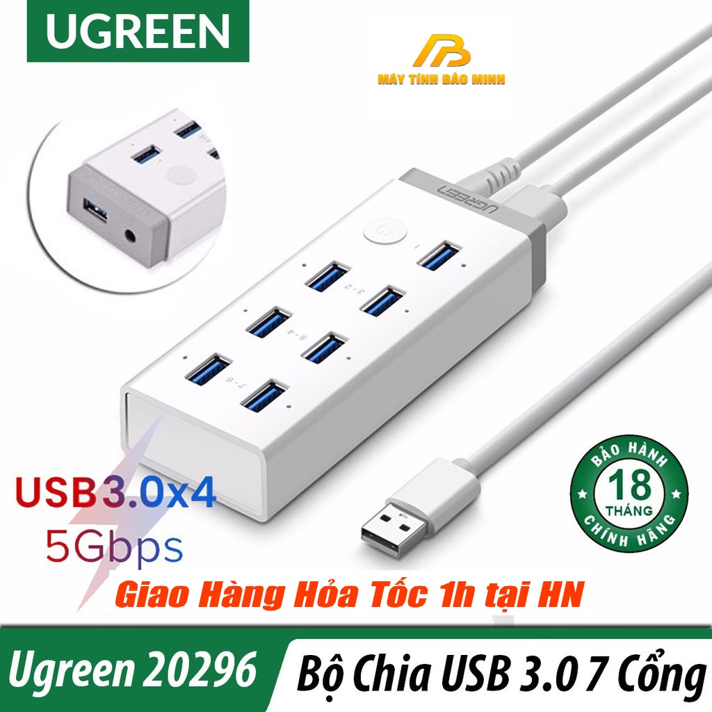 Bộ chia HUB USB 3.0 sang 7 Cổng USB 3.0 hỗ trợ nguồn 12V Ugreen 20296 - Hàng Chính Hãng