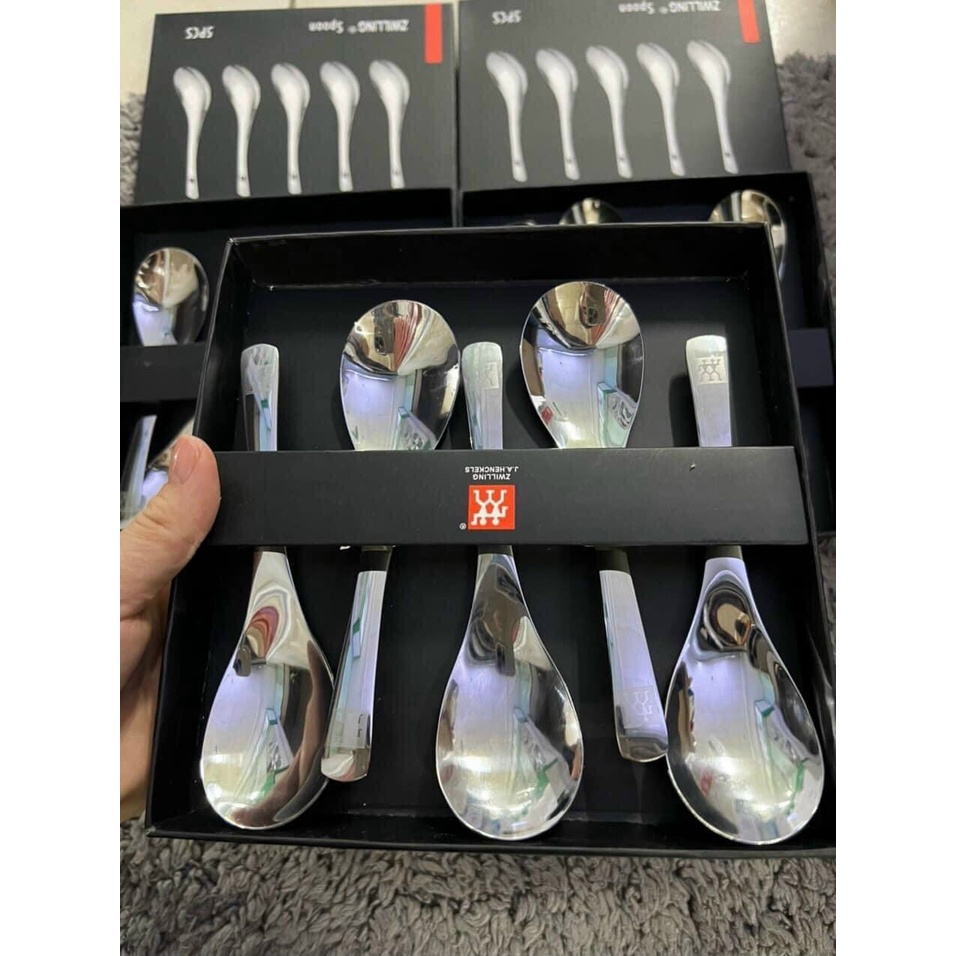 Thìa inox 304 hiệu Zwilling Đức. Sét 5 thìa đức cao cấp, thìa súp màu bạc sang trọng