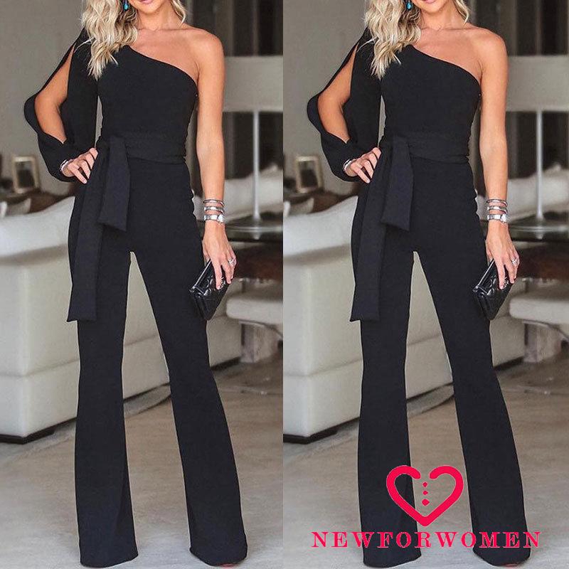 NFW♥Women One-Shoulder High Waist Lace Up Slim Loose Long Trousers Jumpsuit Playsuit Set