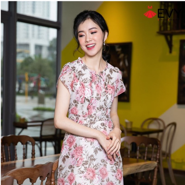 Đầm Suông Công Sở Nữ, Đầm Liền Hoa Hồng, Tay Cách Điệu