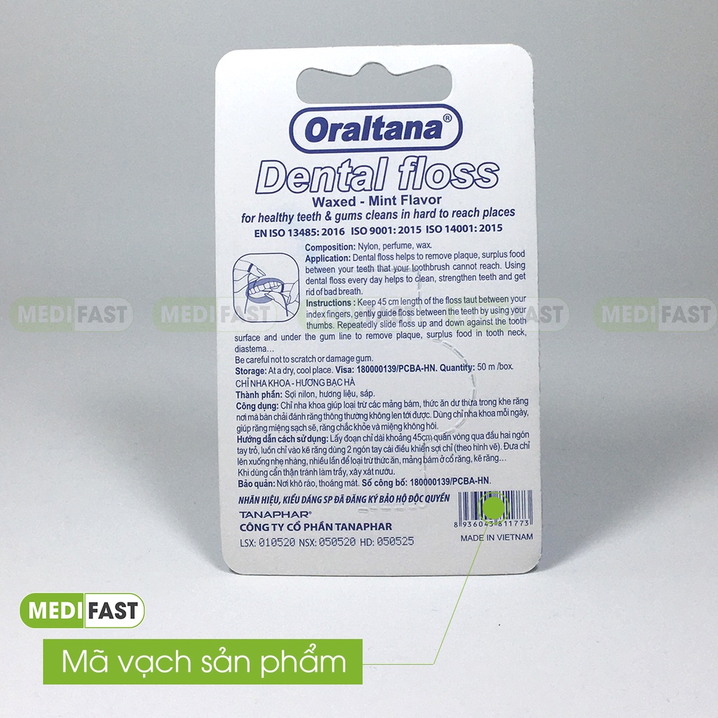 Chỉ nha khoa Oraltana - Hương bạc hà thơm mát - chỉ cuộn kẽ răng, vệ sinh răng miệng