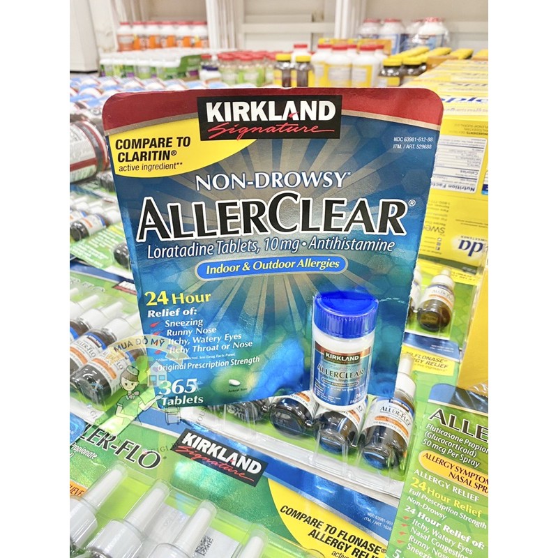 Hộp in hình viên uống chống dị ứng Allerclear kirkland Mỹ