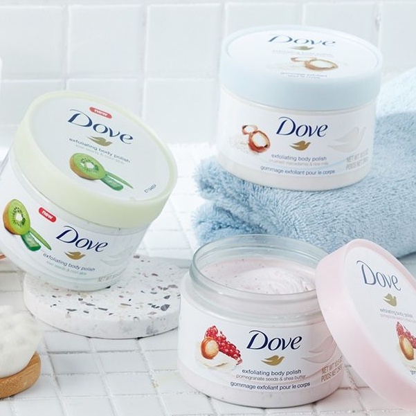 TẨY TẾ BÀO CHẾT DOVE POMEGRANATE SEEEDS &amp; SHEA BUTTER / MACADAMIA RICE MILK EXFOLIATING BODY POLISH