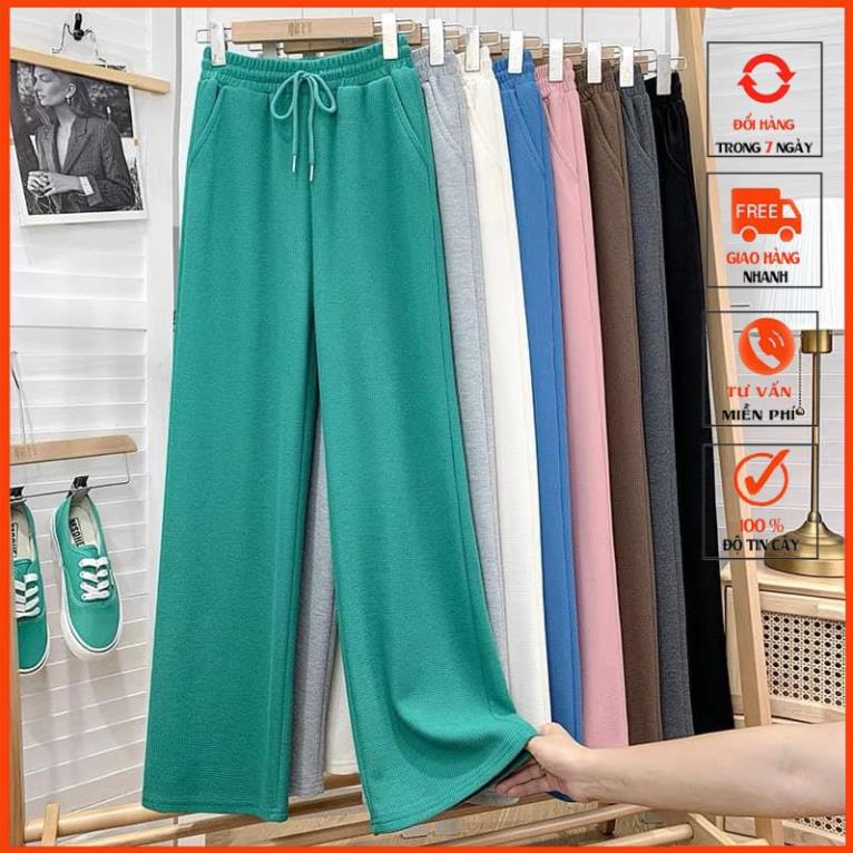 Quần ống rộng suông nữ nỉ tổ ong cạp chun có dây rút phong cách Hàn Quốc kamichi