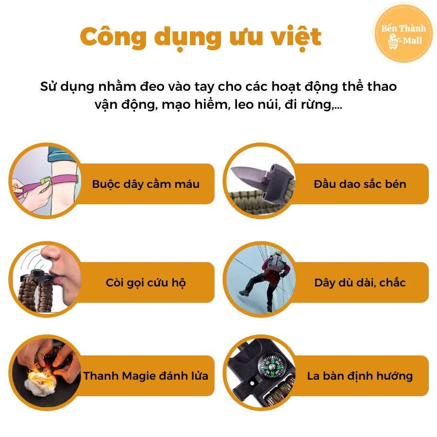 Vòng tay sinh tồn đa chức năng [La bàn- Lưỡi dao - Còi kêu cứu - Đánh lửa]