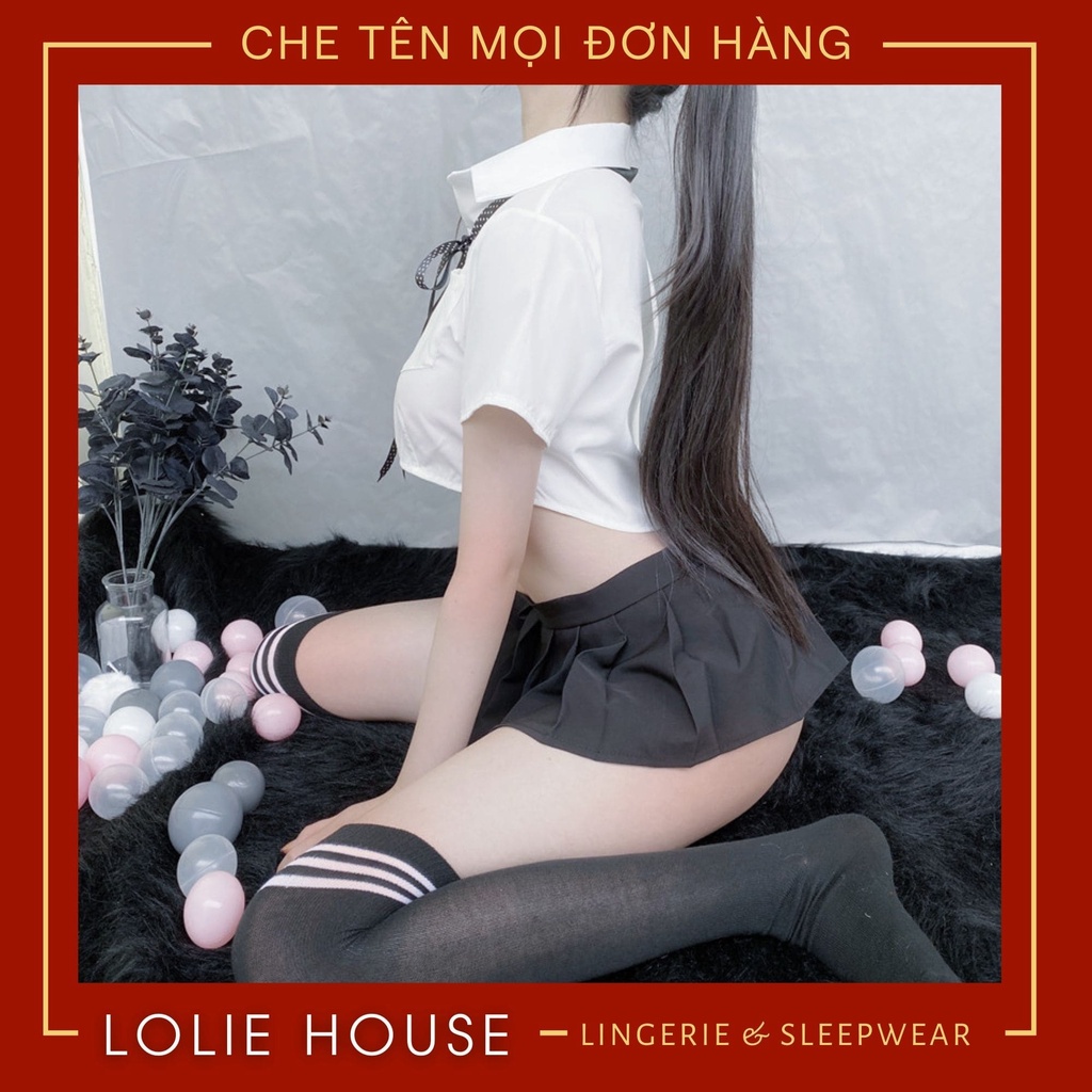 Cosplay học sinh sexy gợi cảm gồm áo trắng có kèm nơ cổ và váy quây đen LOLIE HOUSE - CP43
