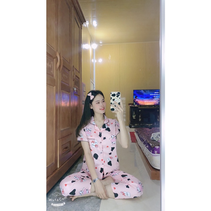 Sẵn Bộ Ngủ Pyjama Cộc Tay Quần Đùi Hot trend Con Bò Sữa Dễ Thương Free Size
