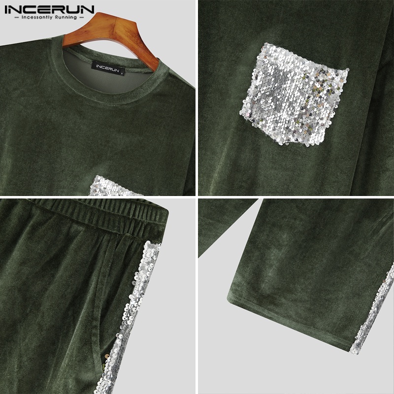 INCERUN Bộ Áo Ngắn Tay Cổ Tròn Đính Kim Sa + Quần Short Lưng Thun Thời Trang