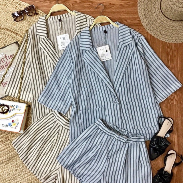 Set vest sọc dọc ngắn (Ảnh thật)
