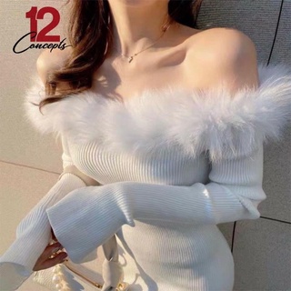 [ SALE OFF ] Váy liền tay dài phối lông