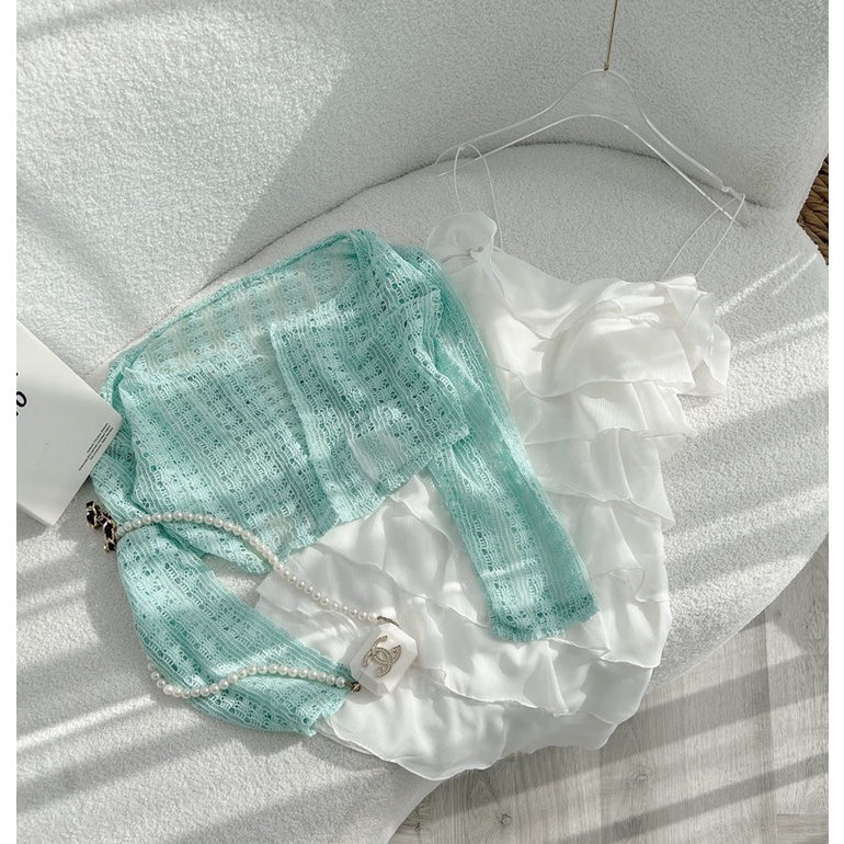 SET ĐẦM TẦNG TRẮNG 2 DÂY BÚN + ÁO KHOÁC LEN MỎNG XANH