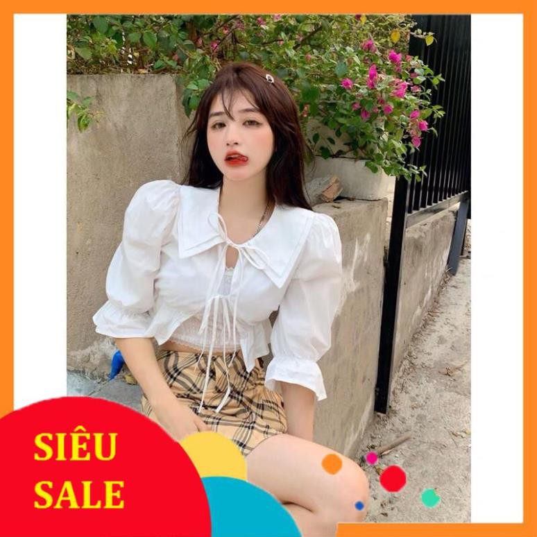 RẺ NHẤT SHOPEE áo sơmi nữ kiểu cổ bèo vintage ngắn tay phồng nơ hở ren