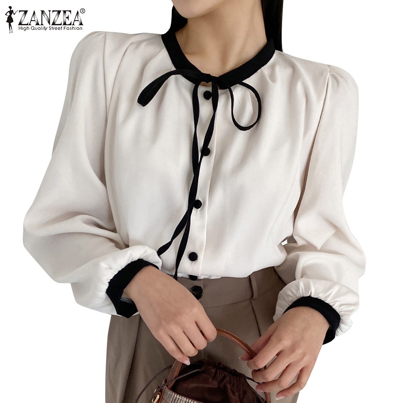 Áo kiểu ZANZEA tay dài cổ tròn phối nút và dây rút thời trang cho nữ