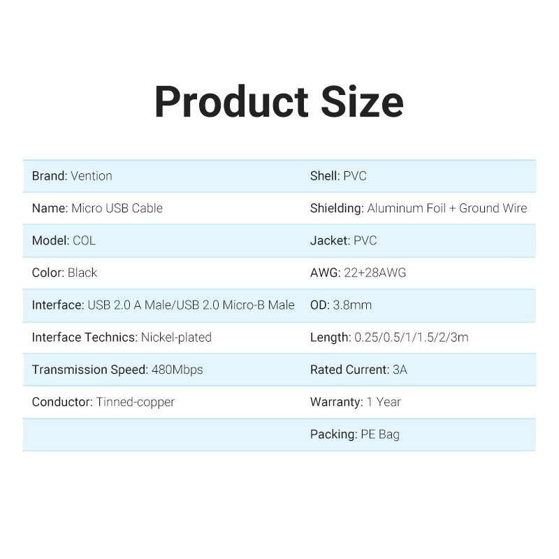 VENTION Dây Cáp Sạc Nhanh 3a Cổng micro usb Cho android