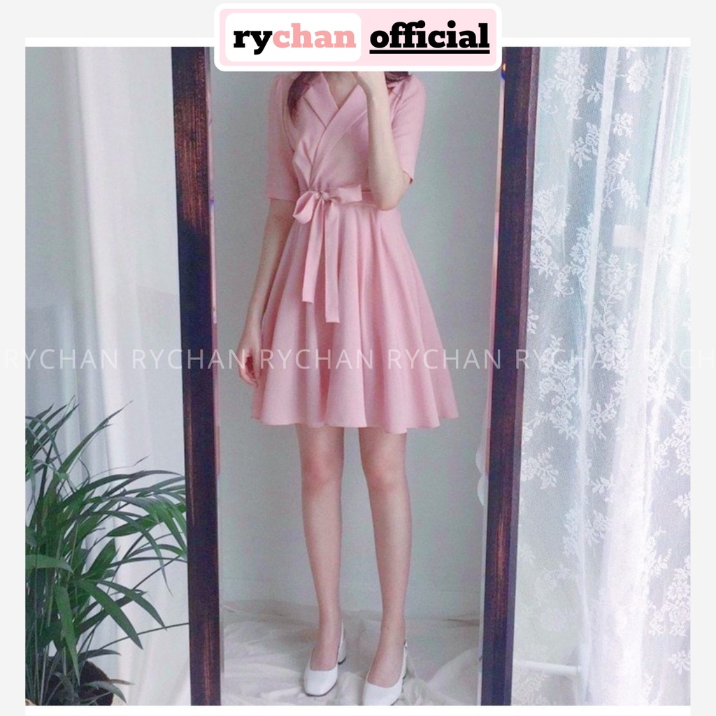 Đầm Xòe Dự Tiệc Nữ Cổ Vest Tay Ngắn Thắt Nơ Eo Cực Nữ Tính Thanh Lịch Màu Hồng - DX9920