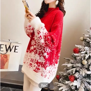 Áo len nữ dáng rộng họa tiết Giáng Sinh màu đỏ thời trang thu đông mới