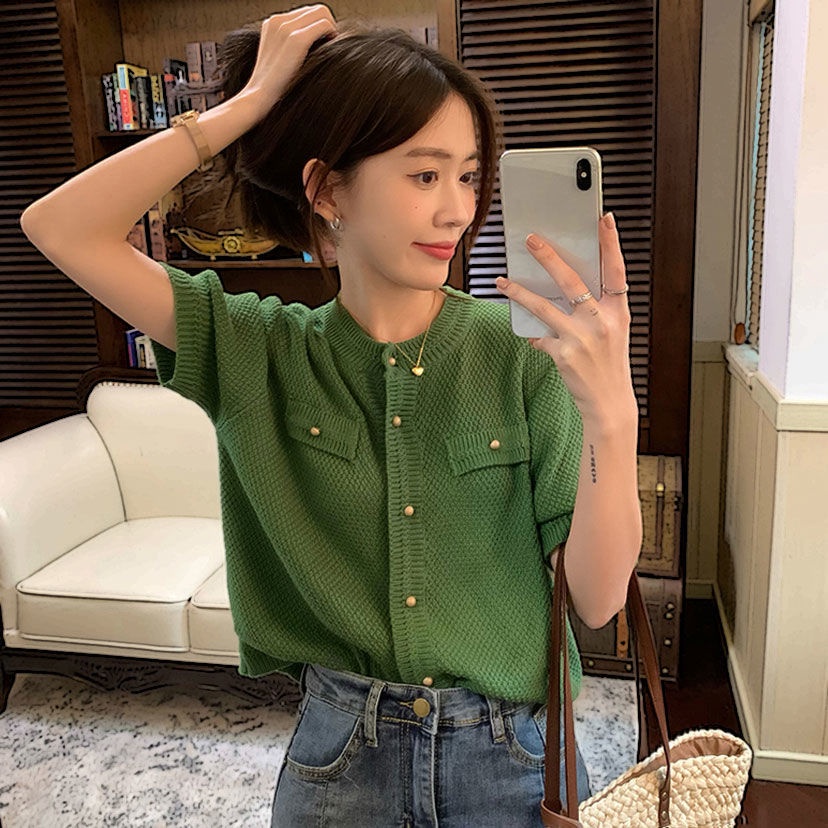 Áo cardigan Tay Ngắn Dáng Rộng Màu Xanh Lá Đậm Phong Cách retro Thời Trang Hàn Quốc