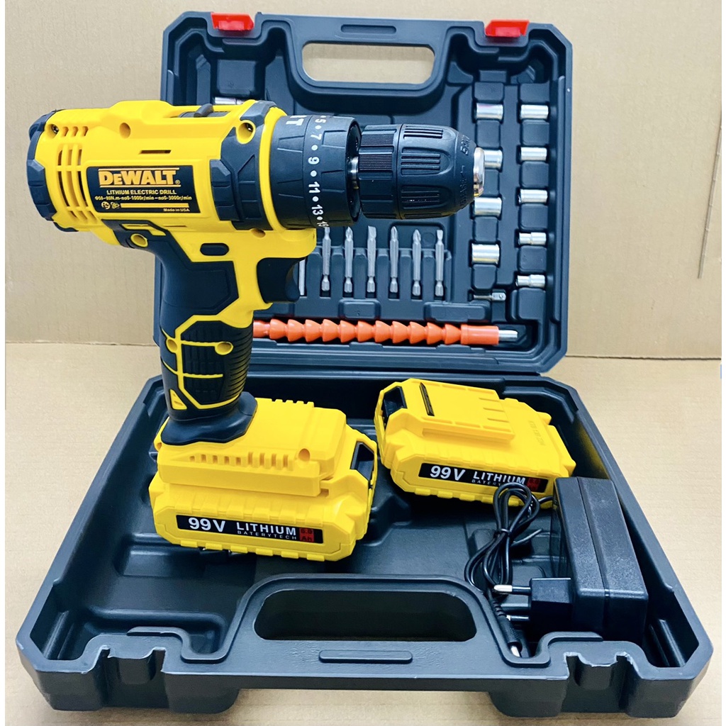 Máy khoan pin 99V DEWALT 3 chức năng có búa / Chuyên khoan tường, khoan sắt, khoan gỗ, tặng kèm bộ phụ kiện 24 chi tiết