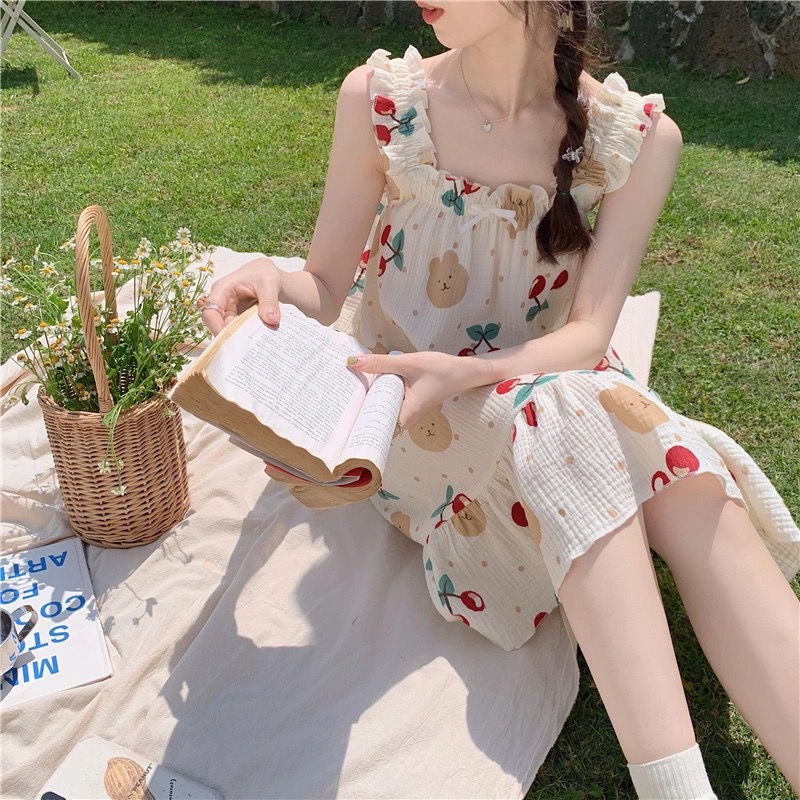 Đồ ngủ Hai Dây Dáng Rộng Vải Mỏng Màu Trơn Kiểu Pháp Dễ Thương Thời Trang Mùa Hè Cho Bạn Gái