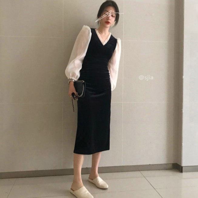 Đầm nhung cổ chữ V phong cách Hàn Quốc đáng yêu cho nữ | BigBuy360 - bigbuy360.vn