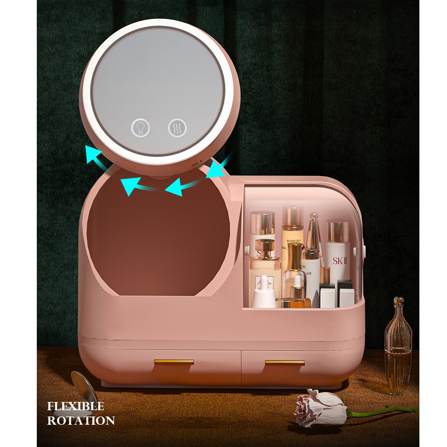 [Sẵn Hồng] Tủ mỹ phẩm tích hợp gương + đèn LED + quạt hỗ trợ trang điểm, Skin care - Hộp đựng mỹ phẩm đa năng