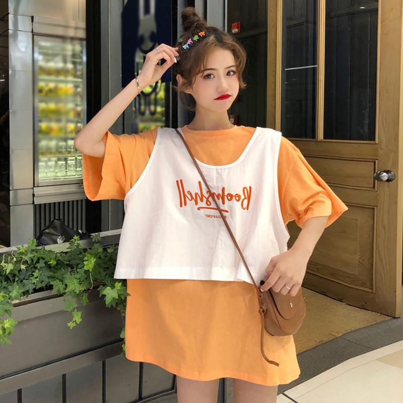 Set Áo Thun Tay Ngắn Dáng Rộng + Áo Thun Không Tay Thêu Chữ Thời Trang Dành Cho Nữ