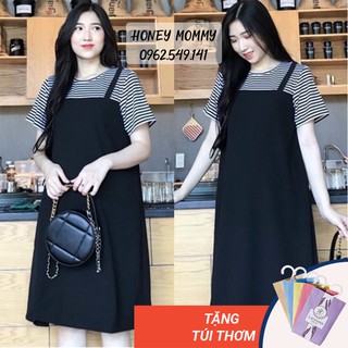 Váy Bầu Yếm Công Sở Họa Tiết Kẻ Lịch Sự HD2823 Honey Mommy Đầm Bầu Cộc Tay Đi Làm Cotton Dáng Suông