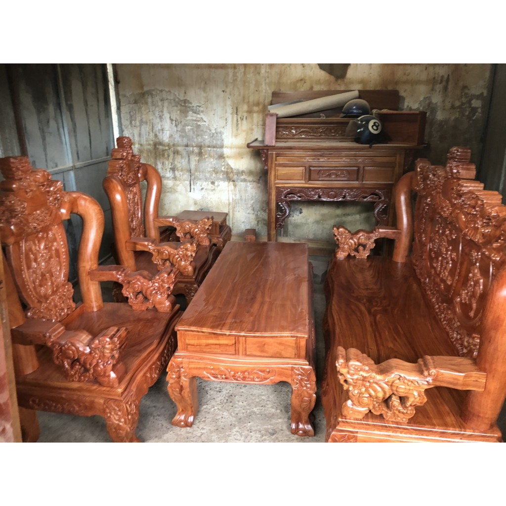 Bộ bàn ghế salon gỗ nghê đỉnh - Gỗ Hương Đá ( Tay 12 )