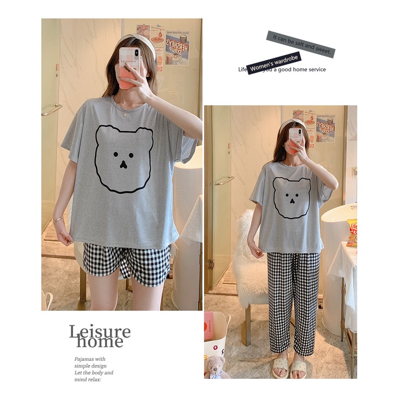 Bộ đồ ngủ nữ 3 mảnh Áo ngắn tay, quần short và quần dài, chất liệu mỏng thoáng