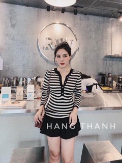 Áo len kẻ khuy kẻ đen trắng