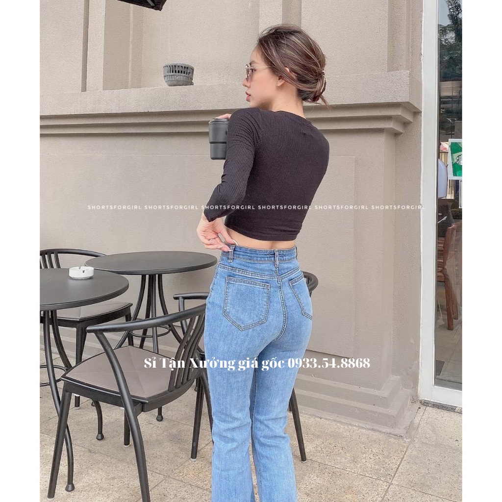 Quần jean nữ ống loe banamo fashion 2 màu sang chảnh siêu hack dáng lưng cao cá tính, quần bò loe 2 màu 464