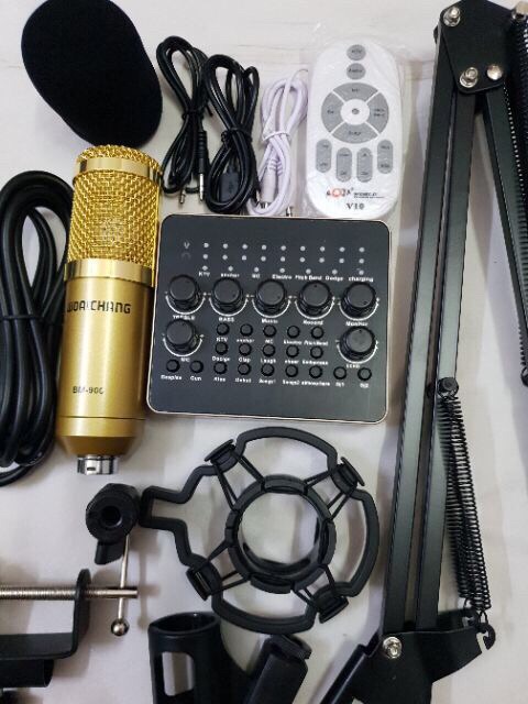 Combo bộ hát livestream thu âm mic BM900 + sound card V10 plus + kẹp bàn+màng lọc