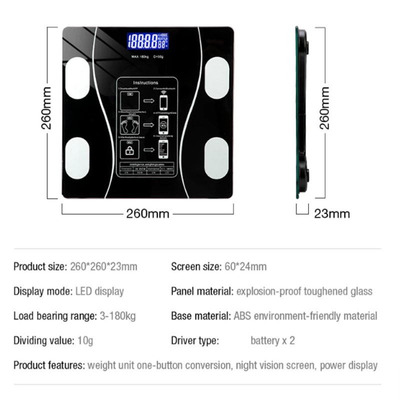 Cân Điện Tử Sức Khỏe Thông Minh Kết Nối Bluetooth Điện Thoại Đo Chỉ Số Sức Khỏe, Mặt Kiếng Cường Lực Chịu Lực Tốt