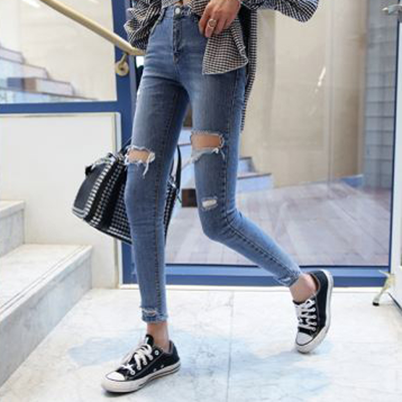 Women's Korean-Style High Waist Ripped Jeans Summer Tight Cropped Skinny Pants