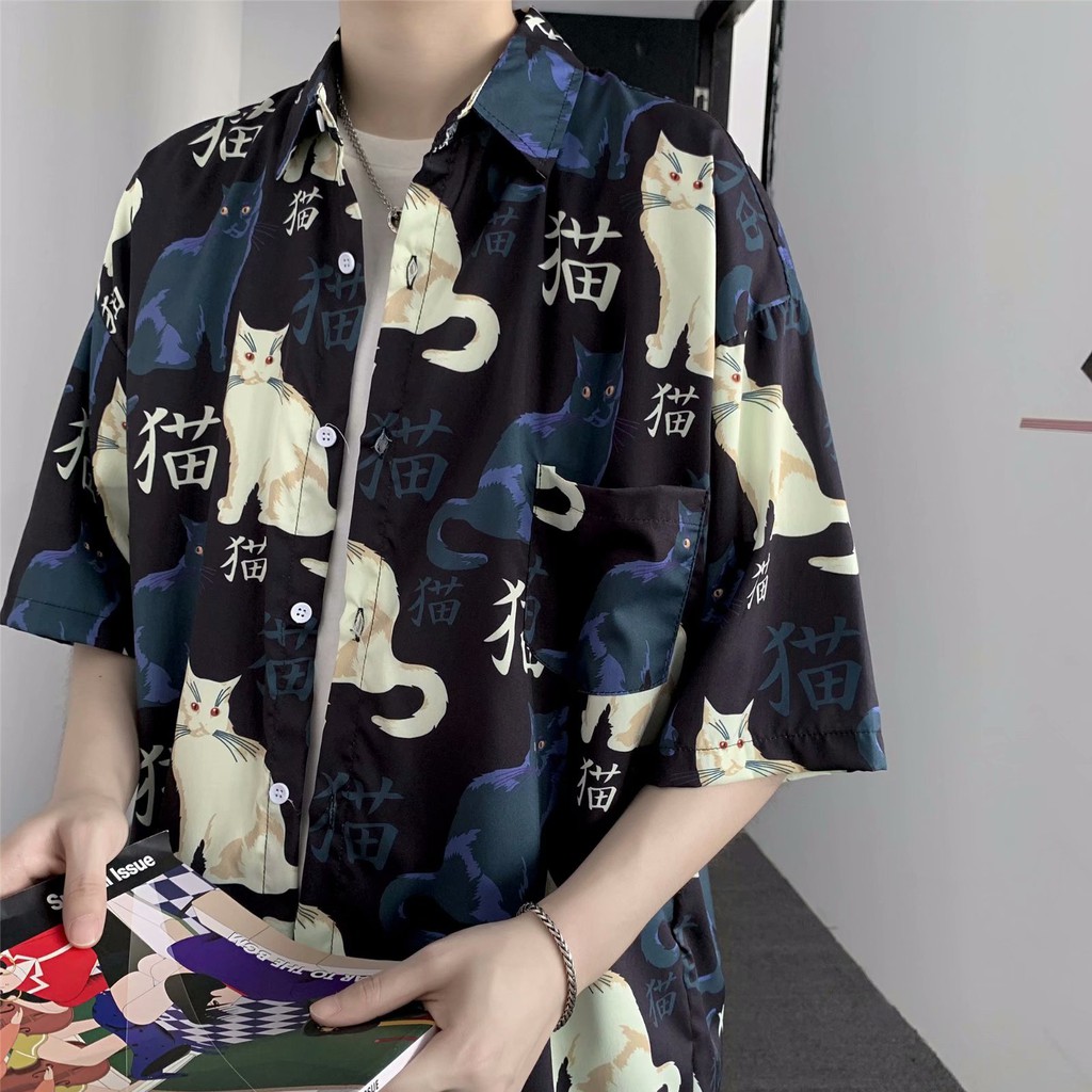 Áo Sơ Mi Nam Tay Ngắn In Hình Mèo Phong Cách Hawaii