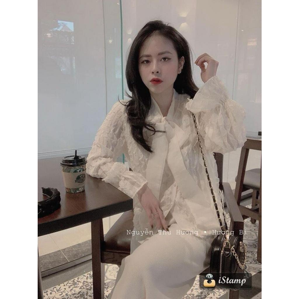 áo sơ mi tiểu thư khuy ngọc cổ nơ sóng nhăn Tặng Kèm áo hai dây