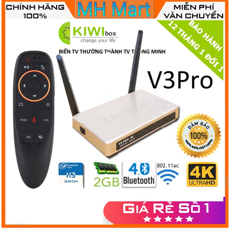 Android TV Kiwi V3 pro , kiwibox V3 pro Ram 2G  xem truyền hình miễn phí , tặng đk giọng nói, bảo hành 1 năm