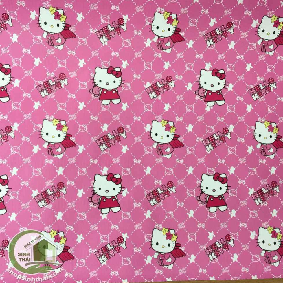 Giấy dán tường hello kitty màu hồng cánh sen, khổ 90cm có sẵn keo