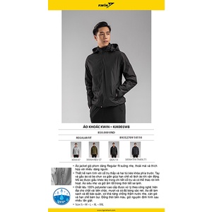 Áo khoác gió hai lớp nam KWIN KJK001W8 bo gấu nhỏ, mũ tháo rời, màu sắc cơ bản dễ phối đồ, túi có khoá kéo