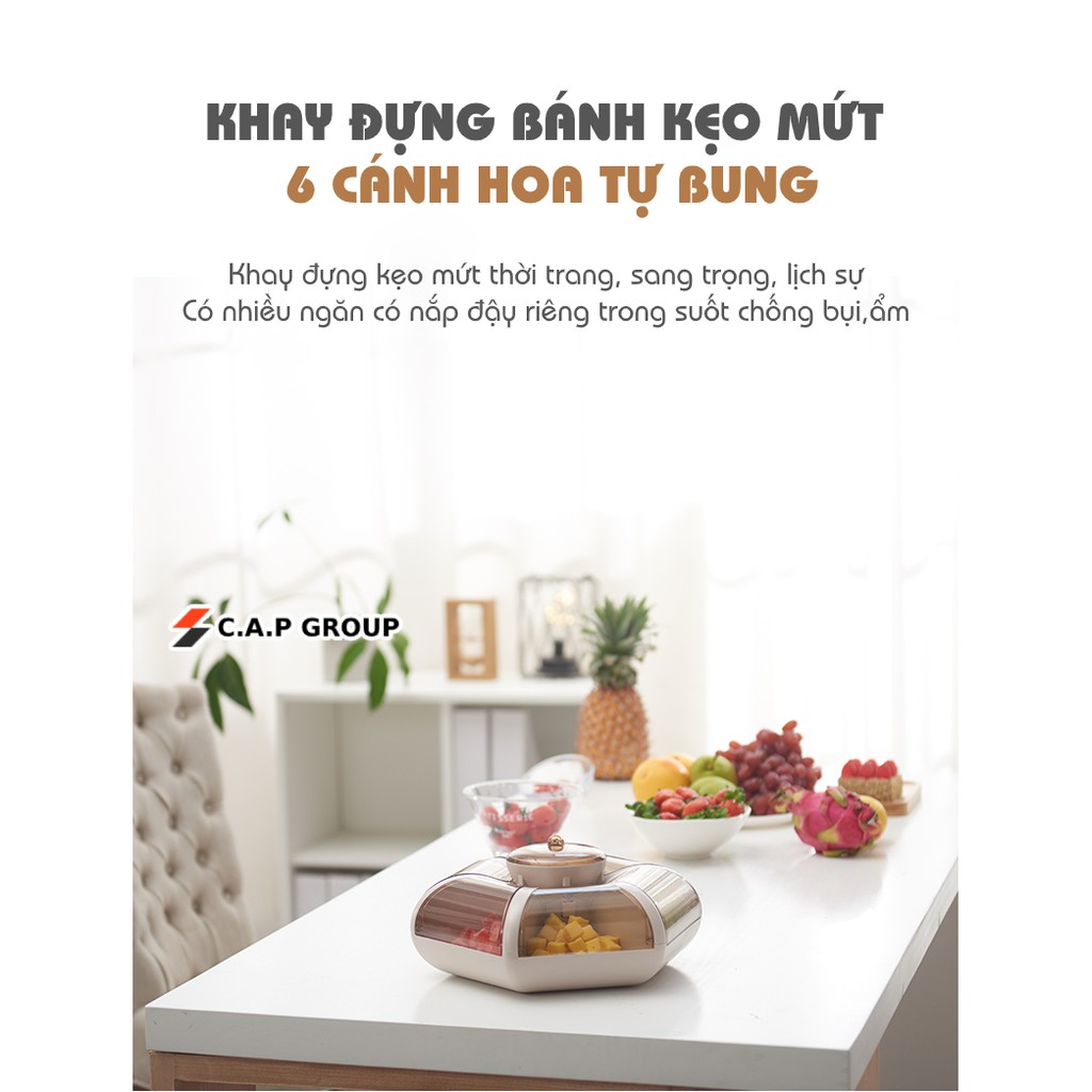 [ MỚI 2021 ] Khay đựng mứt tết bánh kẹo đồ ăn 6 cánh hoa sen tự bung thông minh, sang chảnh - Hộp đựng mứt tết 2021