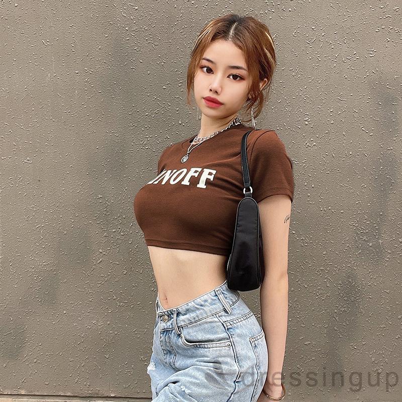 DRESSINGUP-Áo thun cổ tròn tay ngắn in chữ phong cách thời trang dành cho nữ