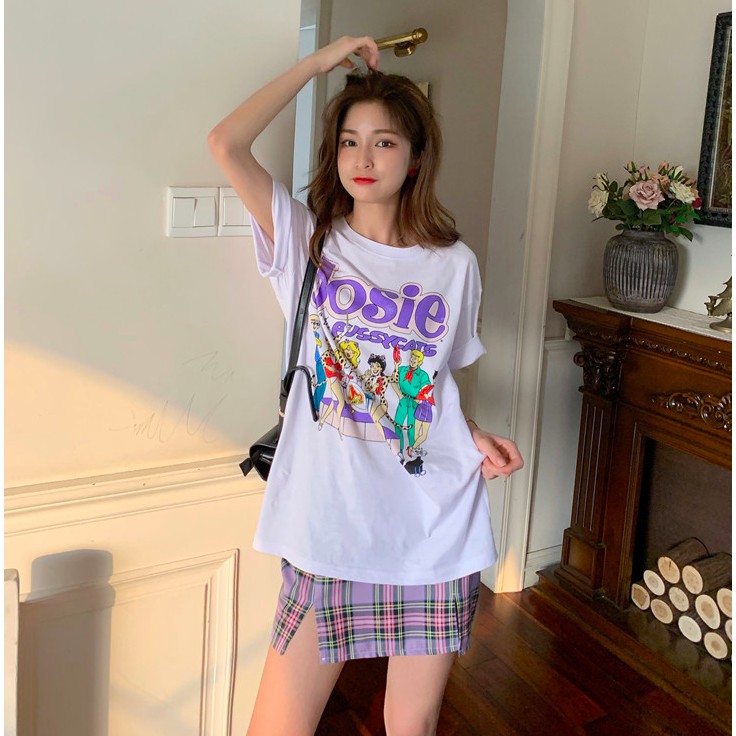 SẴN | SET ÁO THUN HOẠT HÌNH + CHÂN VÁY KẺ SỌC TÍM CÁ TÍNH ULZZANG