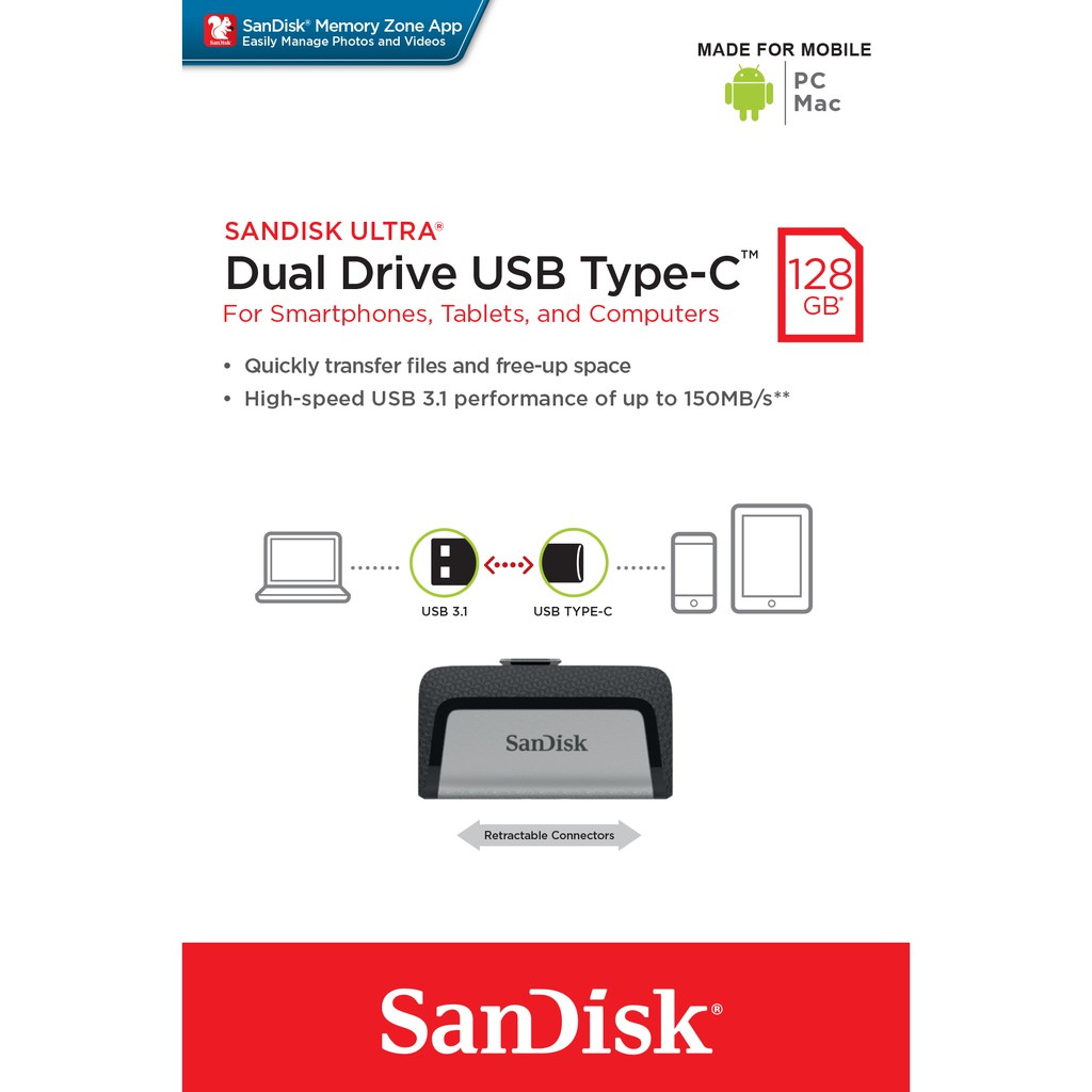 [Mã 151ELSALE hoàn 7% đơn 300K] USB OTG SanDisk Ultra Dual Type-C 3.1 128GB 150MB/s (SDDDC2-128G-A46)