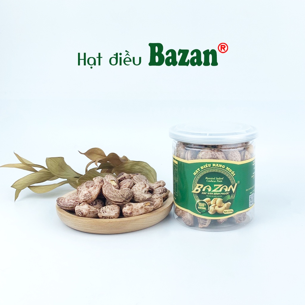 Hạt điều rang muối Bazan Bình Phước nguyên hạt dinh dưỡng A+ loại 1 hộp 235g nắp bật còn vỏ lụa | BigBuy360 - bigbuy360.vn