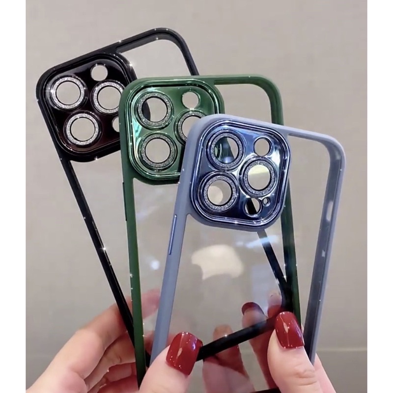 Ốp lưng trong cứng viền màu bảo vệ camera gắn nhũ đá cho iPhone 14 Pro Max, 14 Plus, 14 Pro, 14 không ố màu siêu đẹp