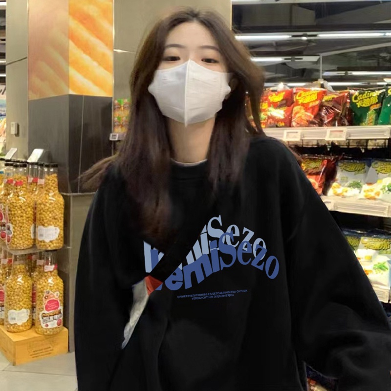 【ZHELIHANGFEI】Áo len tay dài in chữ T - áo kiểu dáng trường đại học rộng rãi đa năng