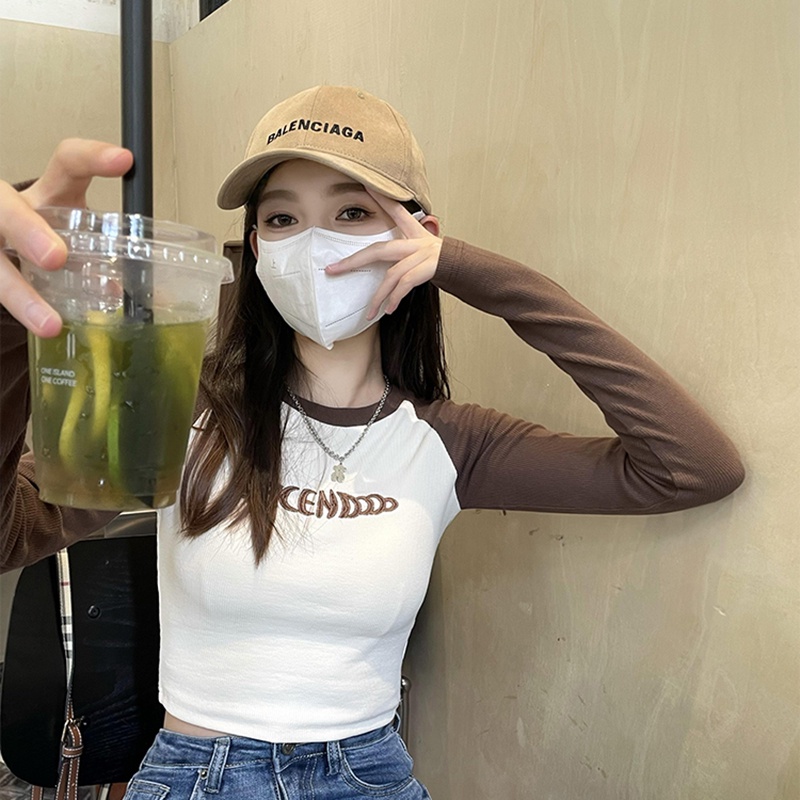 IELGY  Áo Thun Tay Dài Dáng Ôm Màu Sắc retro Dành Cho Nữ